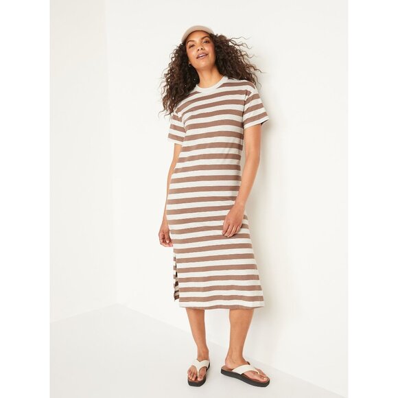 OLD NAVY Vintage Striped T-Shirt Midi Shift Dress Earth Brown Stripe Womens XL - Picture 1 of 8